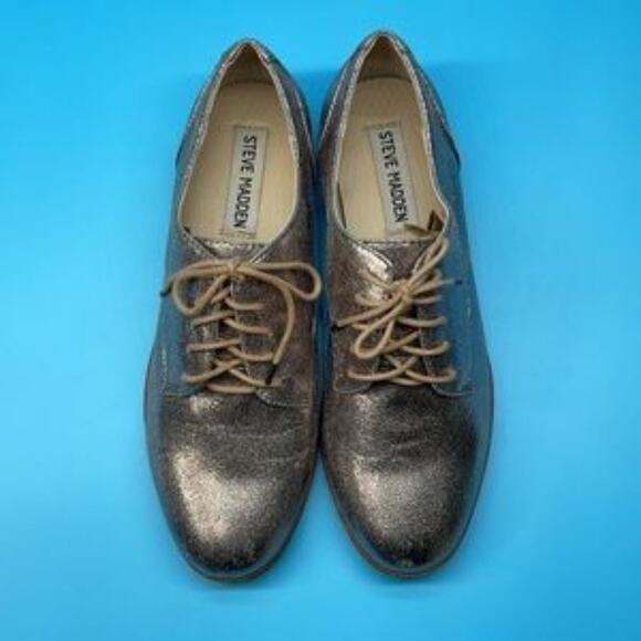 Steve Madden Women’s Addan Gold Oxfords Metallic Lace Up Flats Shoes Size 6 - Picture 3 of 6